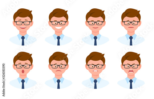 Emotional face cartoon character office man front view vector illustration set. Happy, smiling, upset, surprised, sad, angry, shouting eyeglasses person flat style concept