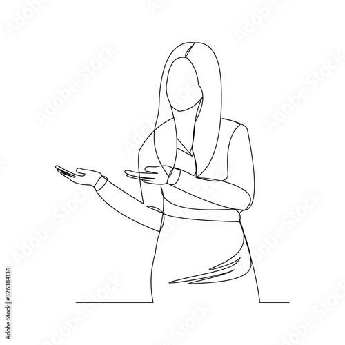 Continuous line drawing of business woman showing for something presentation. Vector illustration