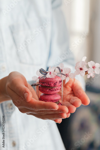 Young beautiful girl in blue shirt is holding in her hands a stack of delicious homemade french macarons - traditional french dessert. Concept of fragile beauty, tenderness, floral wedding decor