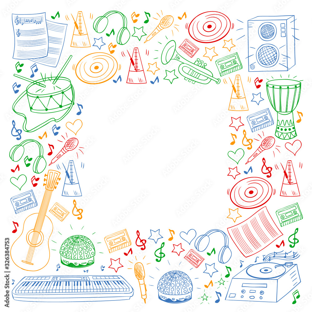 Fototapeta premium Vector pattern with musical intstruments. Rock, jazz, disco, karaoke. Modern and classic music. Doodle style icons.