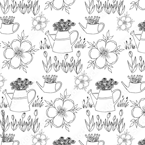 Pattern of drawings of flowers and watering cans for watering.