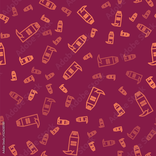 Brown line Pepper spray icon isolated seamless pattern on red background. OC gas. Capsicum self defense aerosol. Vector Illustration