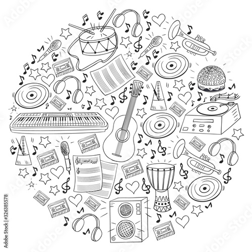 Vector pattern with musical intstruments. Rock, jazz, disco, karaoke. Modern and classic music. Doodle style icons.