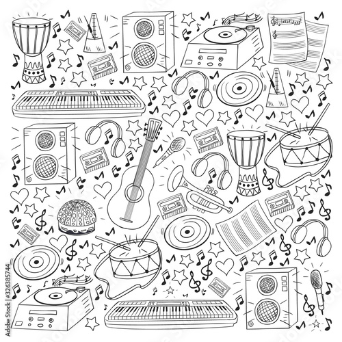Vector pattern with musical intstruments. Rock, jazz, disco, karaoke. Modern and classic music. Doodle style icons.
