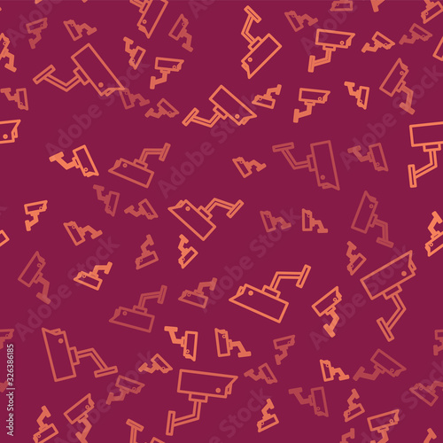 Brown line Security camera icon isolated seamless pattern on red background. Vector Illustration