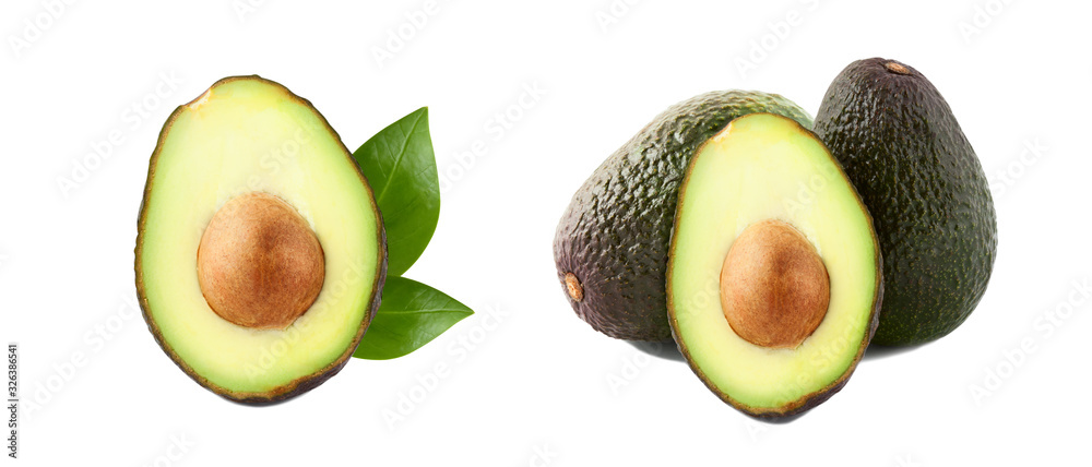 Avocados with avocado leaves isolated on white background. Variety from many. Avocados with avocado leaves isolated on white background. Variety from many.