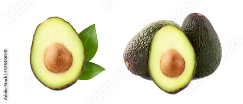 Avocados with avocado leaves isolated on white background. Variety from many.