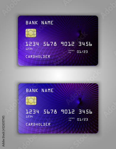 Realistic plastic Bank card vector template. Background color Blue, purple. Line pattern