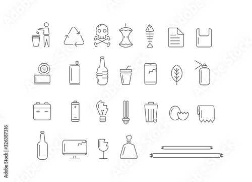 Different types of waste icon on white background.