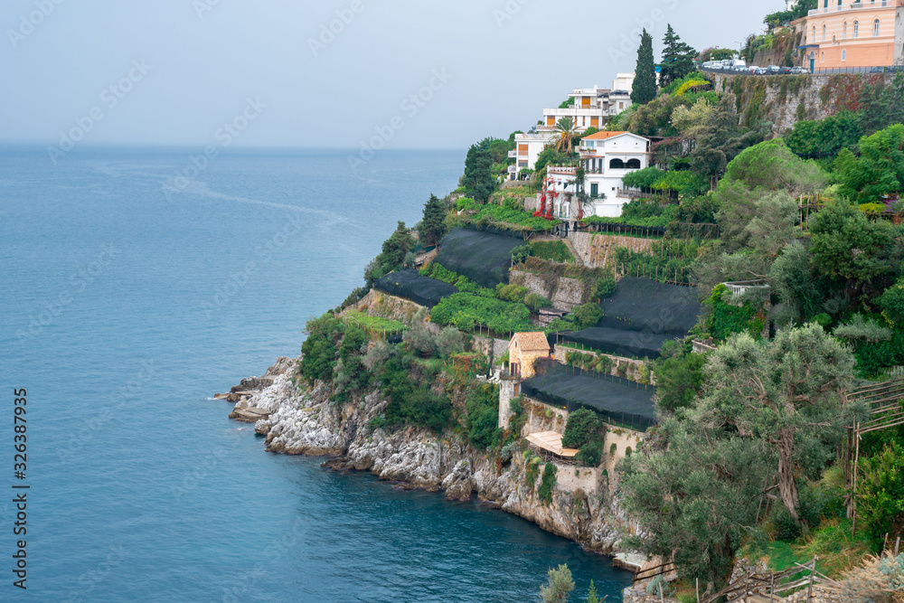 Amalfi cityscape on coast line of mediterranean sea, Italy