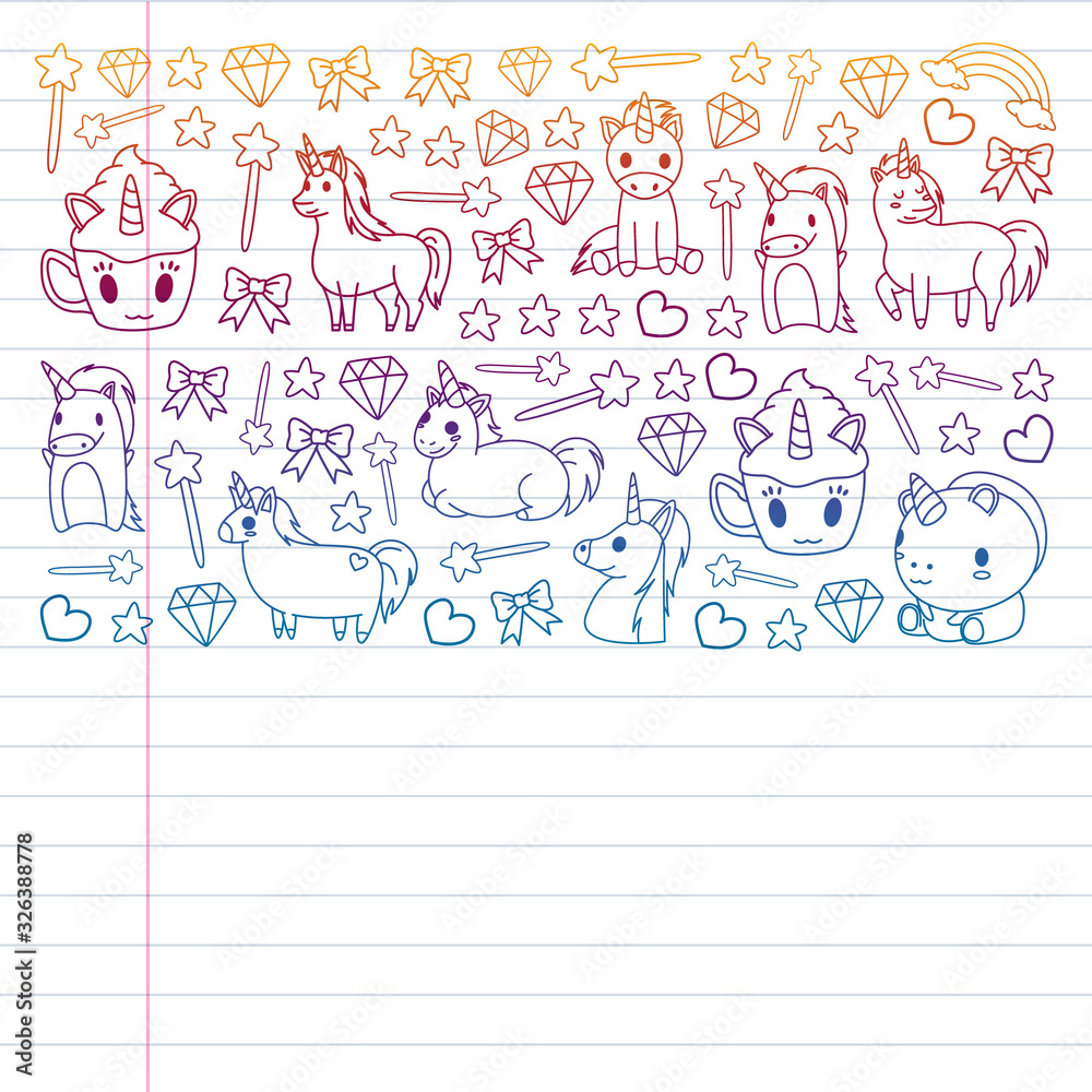 Children pattern with fairy tale unicors for kids clothes, posters, banners, shirts. Vector image with cartoon character. Children pattern with fairy tale unicors for kids clothes, posters, banners, shirts. Vector image with cartoon character.