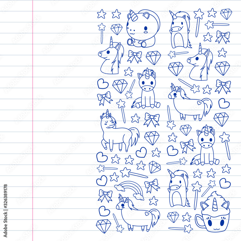 Children pattern with fairy tale unicors for kids clothes, posters, banners, shirts. Vector image with cartoon character. Children pattern with fairy tale unicors for kids clothes, posters, banners, shirts. Vector image with cartoon character.
