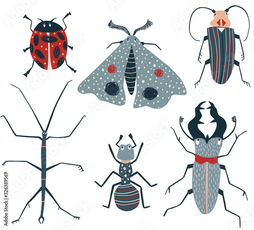Childish scandinavian insects vector illustration of hand-drawn isolated on white background. Cartoon ladybug, butterfly, stick insect, ant, rhinoceros beetle, moth, beetle.