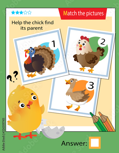 Matching game, education game for children. Puzzle for kids. Match the right object. Help the chick or nestling find its parent.