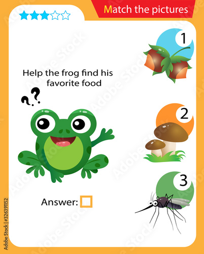 Matching game, education game for children. Puzzle for kids. Match the right object. Help the frog find his favorite food.