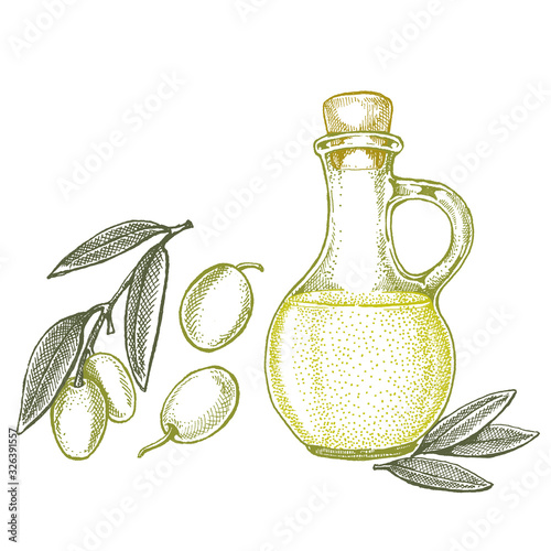 Bottle with olives and olive oil. Vintage retro style illustration for package. Cosmetic with olive oil and organic farm healthy food