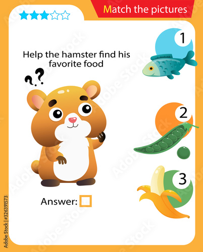 Matching game, education game for children. Puzzle for kids. Match the right object. Help the hamster find his favorite food.