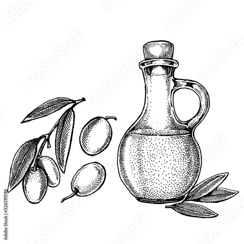 Bottle with olives and olive oil. Vintage retro style illustration for package. Cosmetic with olive oil and organic farm healthy food