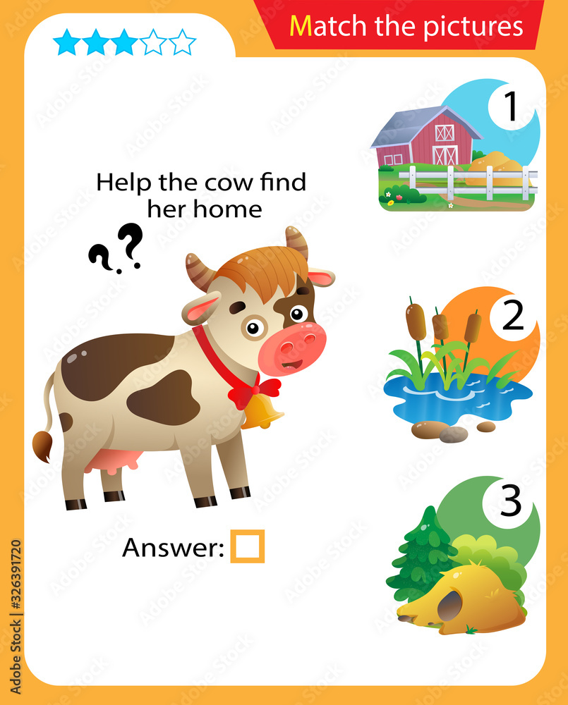 Fototapeta premium Matching game, education game for children. Puzzle for kids. Match the right object. Help the cow find her home.