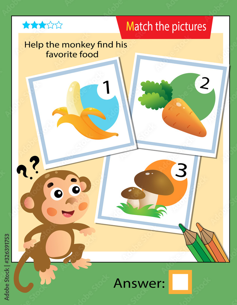 Matching game, education game for children. Puzzle for kids. Match the right object. Help the monkey find his favorite food.