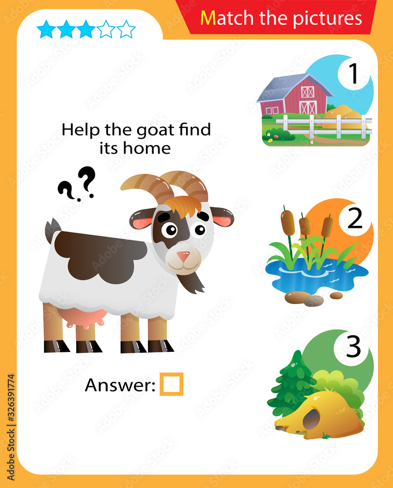 Matching game, education game for children. Puzzle for kids. Match the right object. Help the goat find its home.