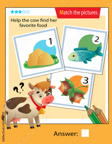 Matching game, education game for children. Puzzle for kids. Match the right object. Help the cow find her favorite food.