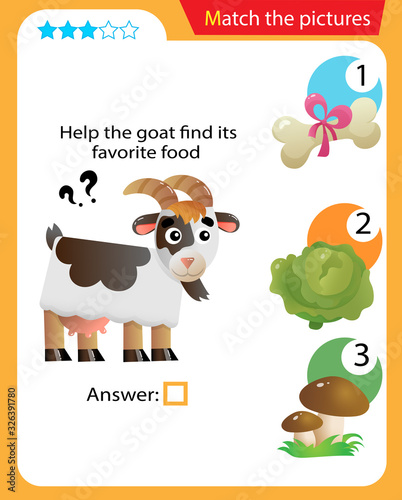 Matching game, education game for children. Puzzle for kids. Match the right object. Help the goat find its favorite food.