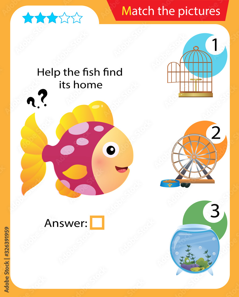 Matching game, education game for children. Puzzle for kids. Match the right object. Help the fish find its home.