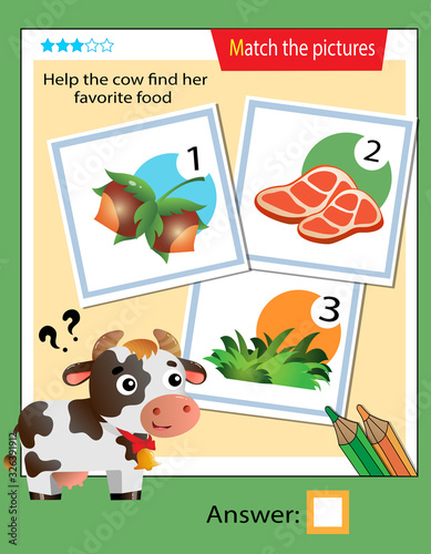Matching game, education game for children. Puzzle for kids. Match the right object. Help the cow find her favorite food.