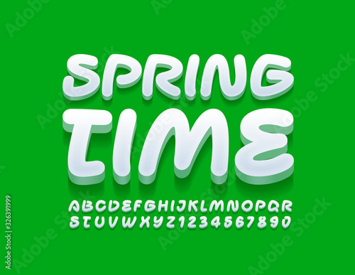 Vector bright logo Spring Time. Funny 3D Font. Handwritten Alphabet Letters and Numbers
