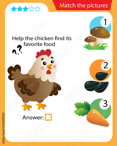 Matching game, education game for children. Puzzle for kids. Match the right object. Help the hen find its favorite food.