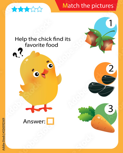 Matching game, education game for children. Puzzle for kids. Match the right object. Help the chick find its favorite food.