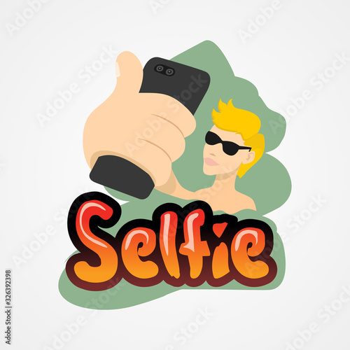 Young man taking selfie with smartphone simple flat style vector illustration