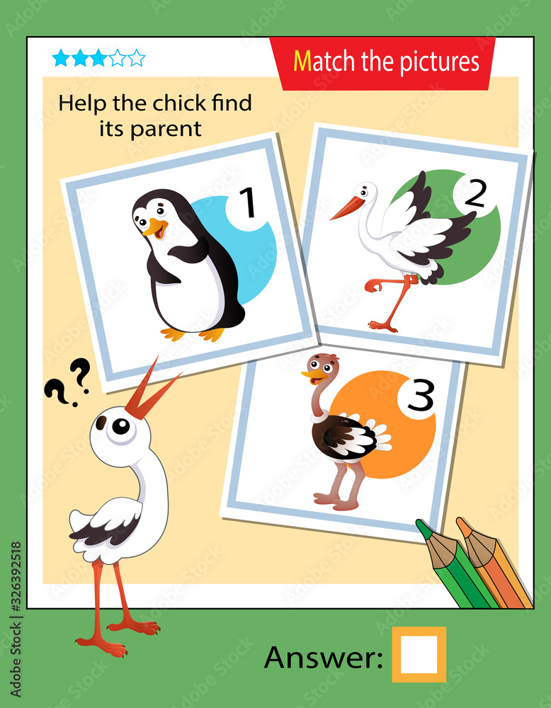 Matching game, education game for children. Puzzle for kids. Match the right object. Help the nestling find its parent. Stork. Matching game, education game for children. Puzzle for kids. Match the right object. Help the nestling find its parent. Stork.