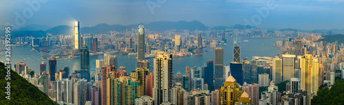 Photography Panoramic  view of Victoria Harbour in Hong Kong.