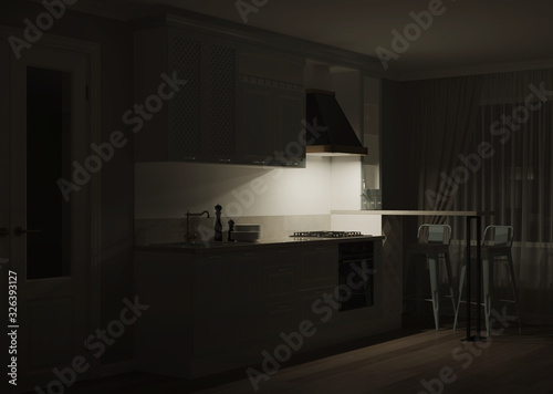 The interior of the kitchen in a private house. Light green kitchen in a classic style. Night. Evening lighting. 3D rendering.