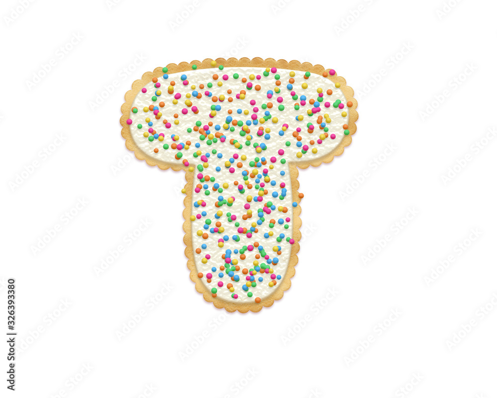 Letter T made of cookie isolated on white background