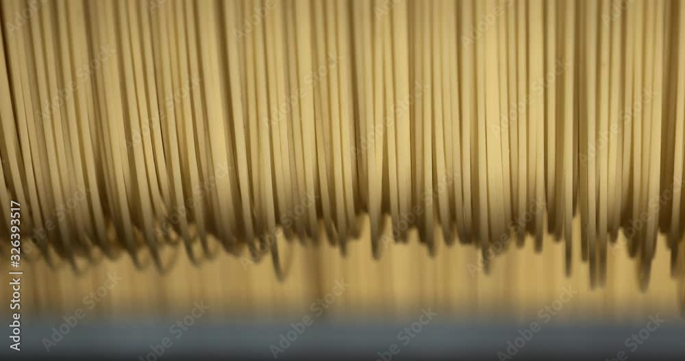 Macro closeup shot of raw spaghetti macaroni pasta in a pasta factory while are coming out from the extruder. Italian food and gastronomic traditions. Food shot. Macro closeup shot of raw spaghetti macaroni pasta in a pasta factory while are coming out from the extruder. Italian food and gastronomic traditions. Food shot.