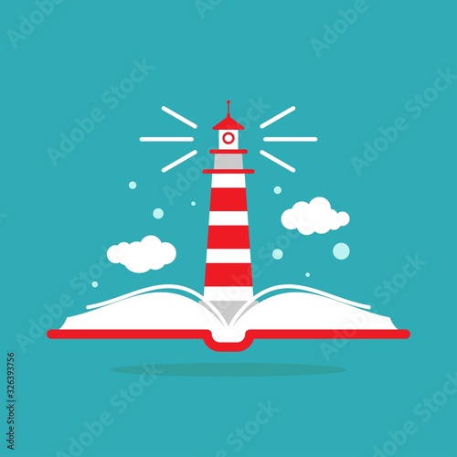 Open book with lighthouse or beacon and clouds on blue background. Vector flat illustration.