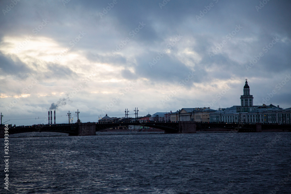 Evening view of the Palace Bridge, St. Petersburg, Russia.