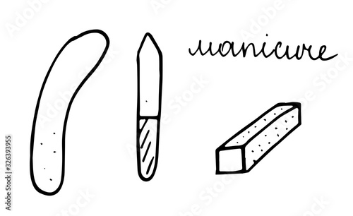 Set of hand drawn doodle nail files. devices for polishing and cutting nails. boomerang and sharp file.