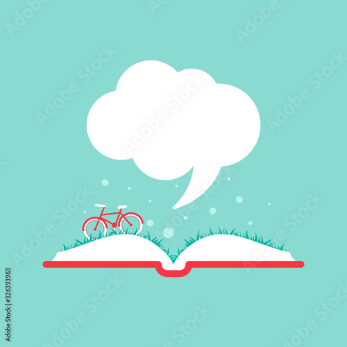 Open book with grass, bike and speech bubble. Isolated on blue background.