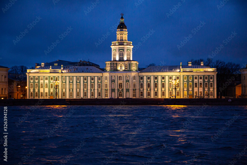 Night view of the Kunstkamera of Emperor Peter the Great, St. Petersburg, Russia.