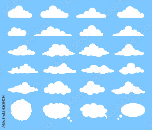 Set of cartoon clouds, isolated on blue background. Vector illustration.