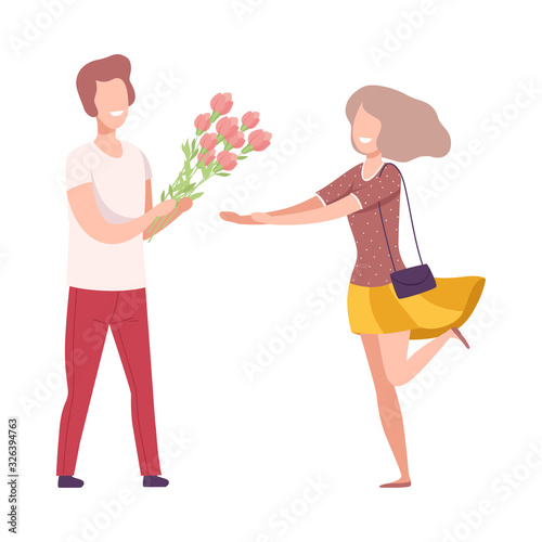Romantic Couple in Love, Young Man Giving Bouquet of Flowers to Happy Beautiful Woman Flat Vector Illustration © topvectors