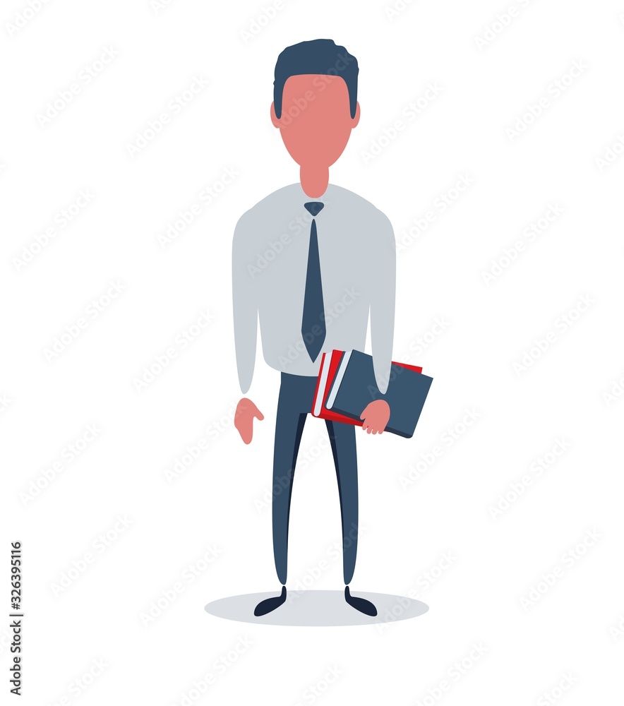 Businessman or clerk. Male character in trendy simple style with objects, flat vector illustration. Business concept. Isolated on white background. Businessman or clerk. Male character in trendy simple style with objects, flat vector illustration. Business concept. Isolated on white background.