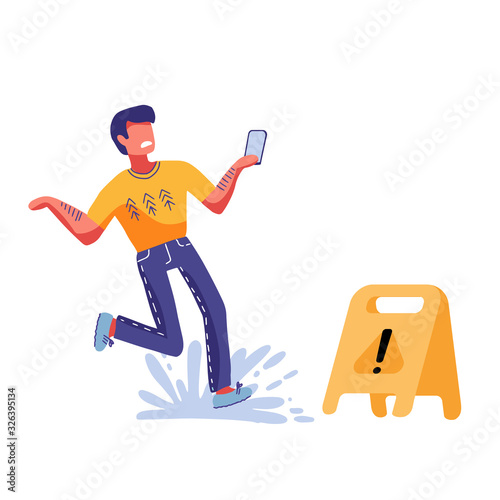 Inconsiderate man character do not see warning yellow sign and slips fall on wet floor. Recklessness folly concept element. Vector flat cartoon graphic illustration