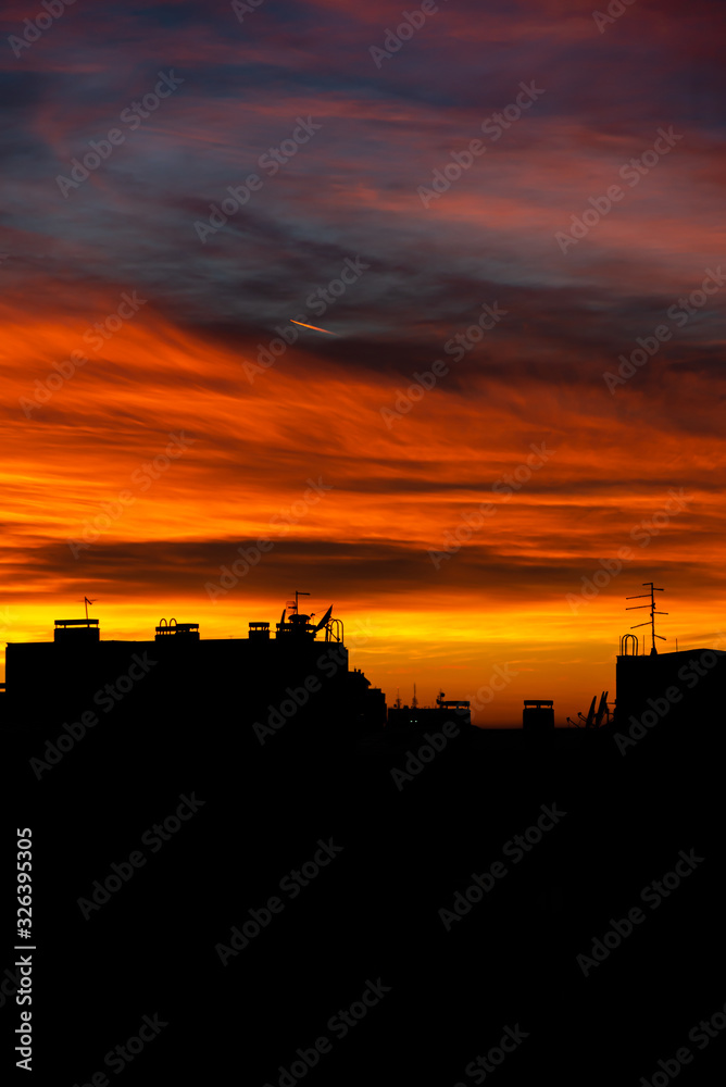 Beautiful colorful sky above rooftops in Belgrade, Serbia