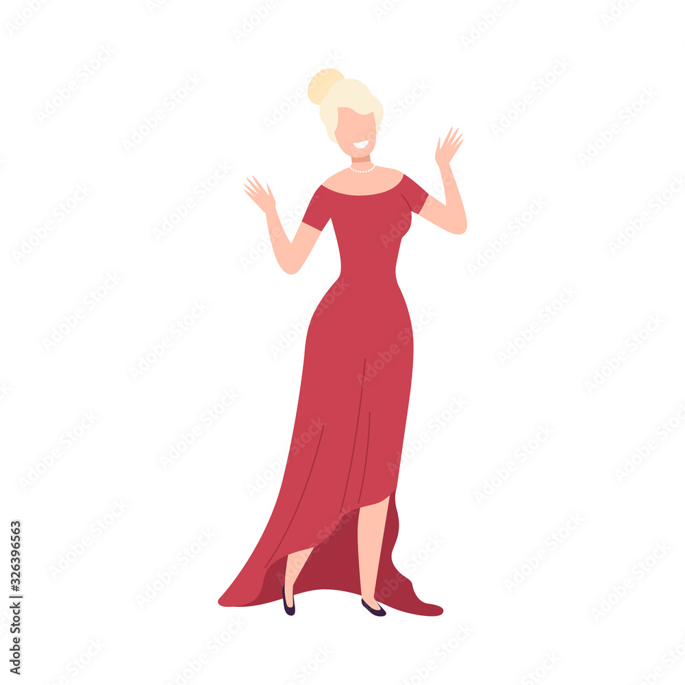 Obraz premium Beautiful Smiling Woman, Happy Attractive Blonde Girl Character Wearing Red Party Dress Flat Vector Illustration