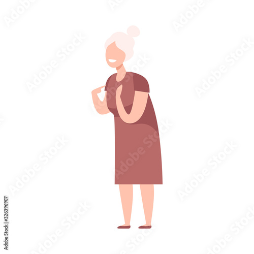 Smiling Senior Woman Character Standing and Gesturing Flat Vector Illustration